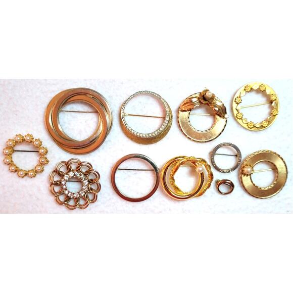 Vtg Circle Goldtone Brooch Lot Freirich Beau Jewels Round Pearls 50s 60s 70s 80s - Picture 1 of 9